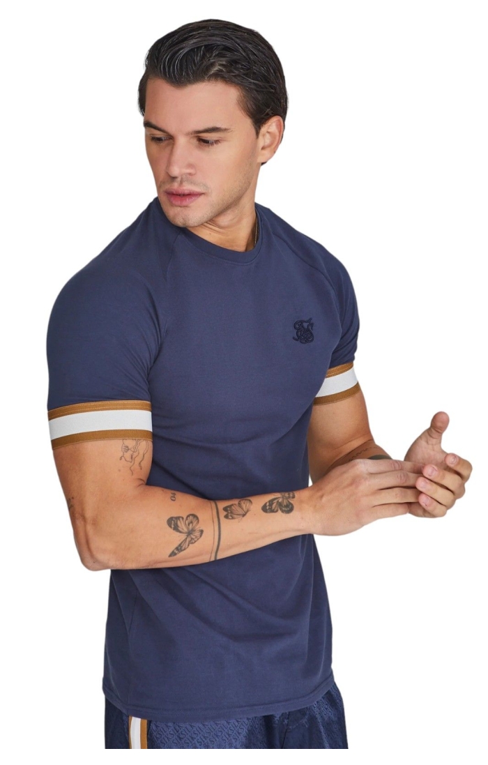 Camiseta SikSilk Tecnica con Franja en Manga Azul Marino