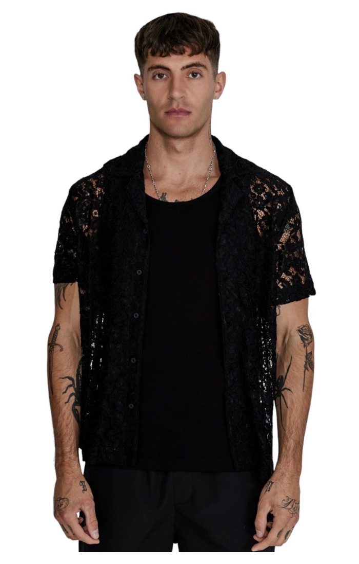 Camisa SikSilk Bordado Lace Resort Negro