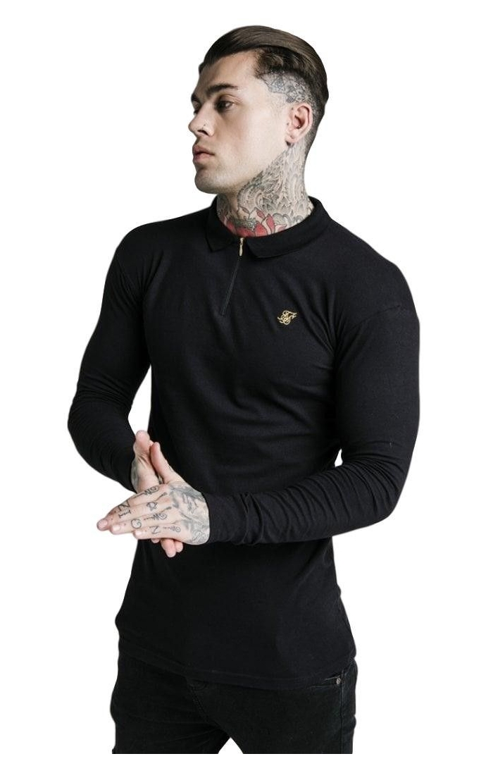 Polo SikSilk L/S Stretch Fit Zip Collar Negro