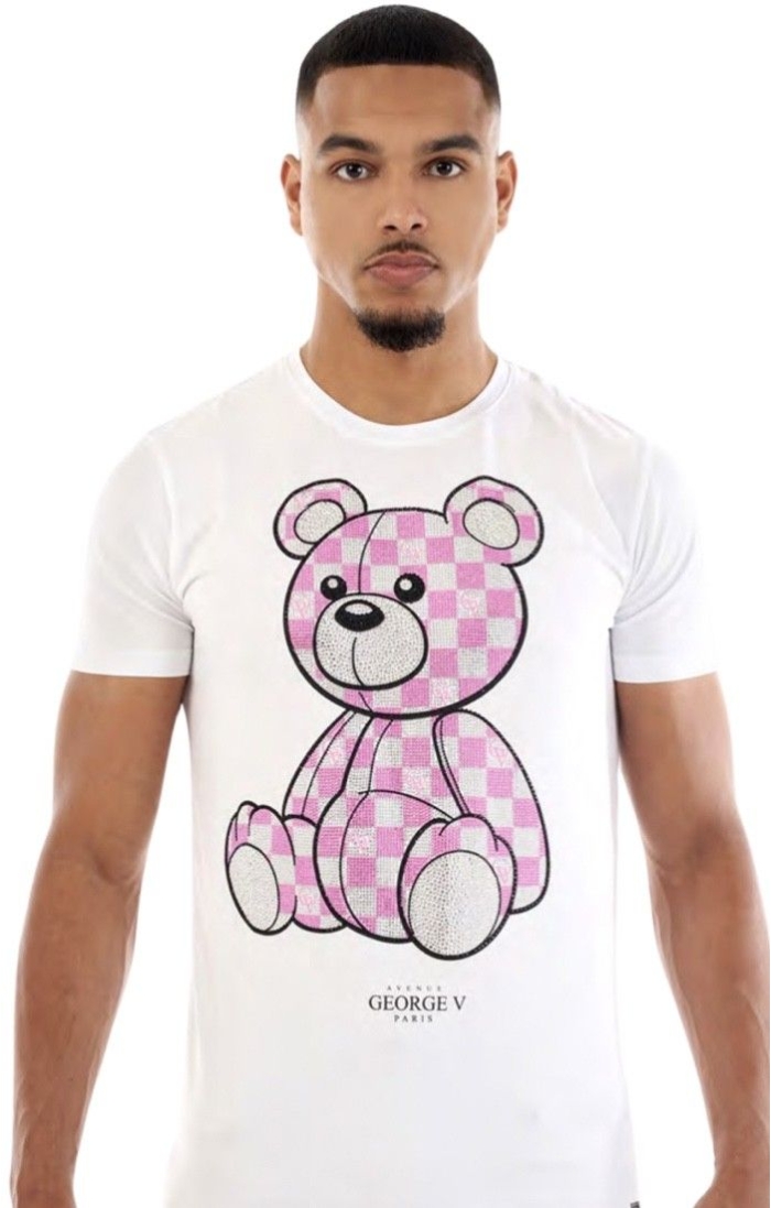 Camiseta George V Paris Oso Cuadrados Gv Blanco y Rosa