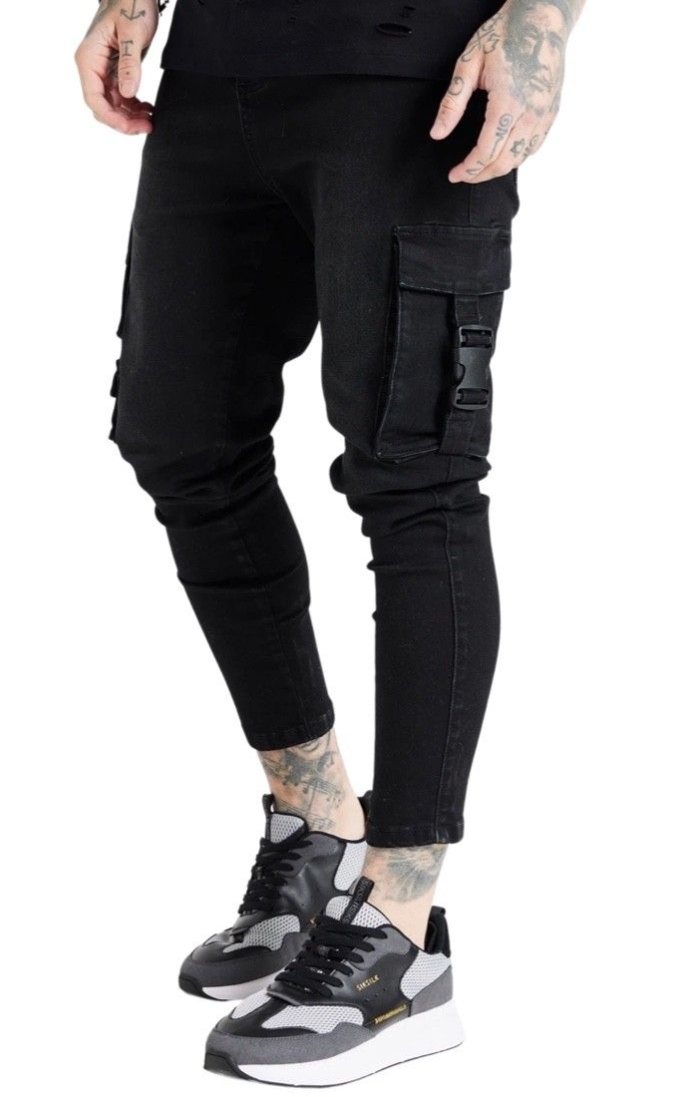 Jeans SikSilk Cargo con Hebilla Pitillo Negro