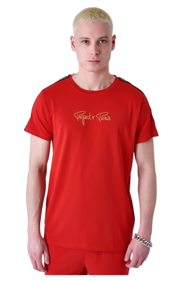 Camiseta Project X Paris Clasica con Rayas Hombro Rojo