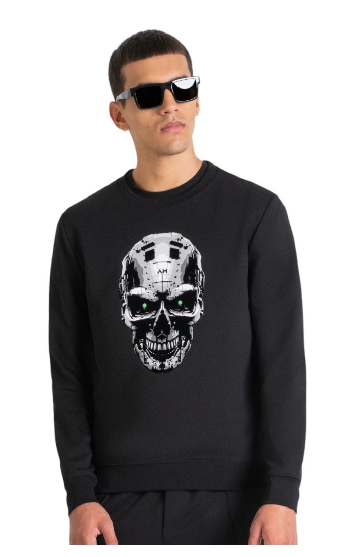 Sudadera Antony Morato Negra Slim Fit Con Calabera de Cyborg