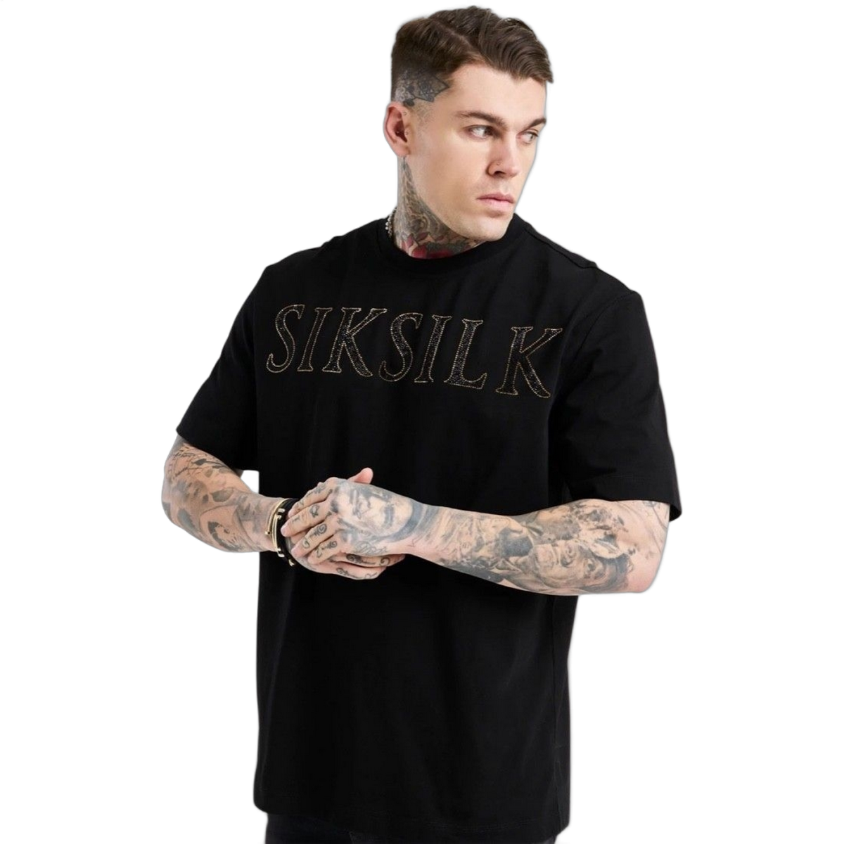 Camiseta SikSilk Oversized Rhinestone Logo Negro