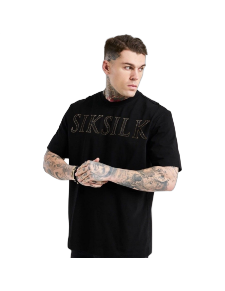 Camiseta SikSilk Oversized Rhinestone Logo Negro