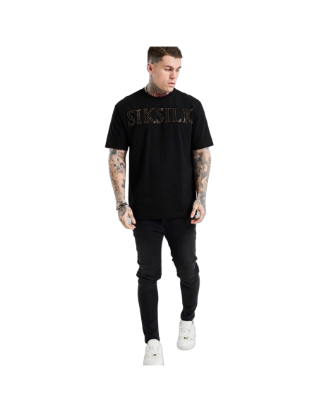 Camiseta SikSilk Oversized Rhinestone Logo Negro