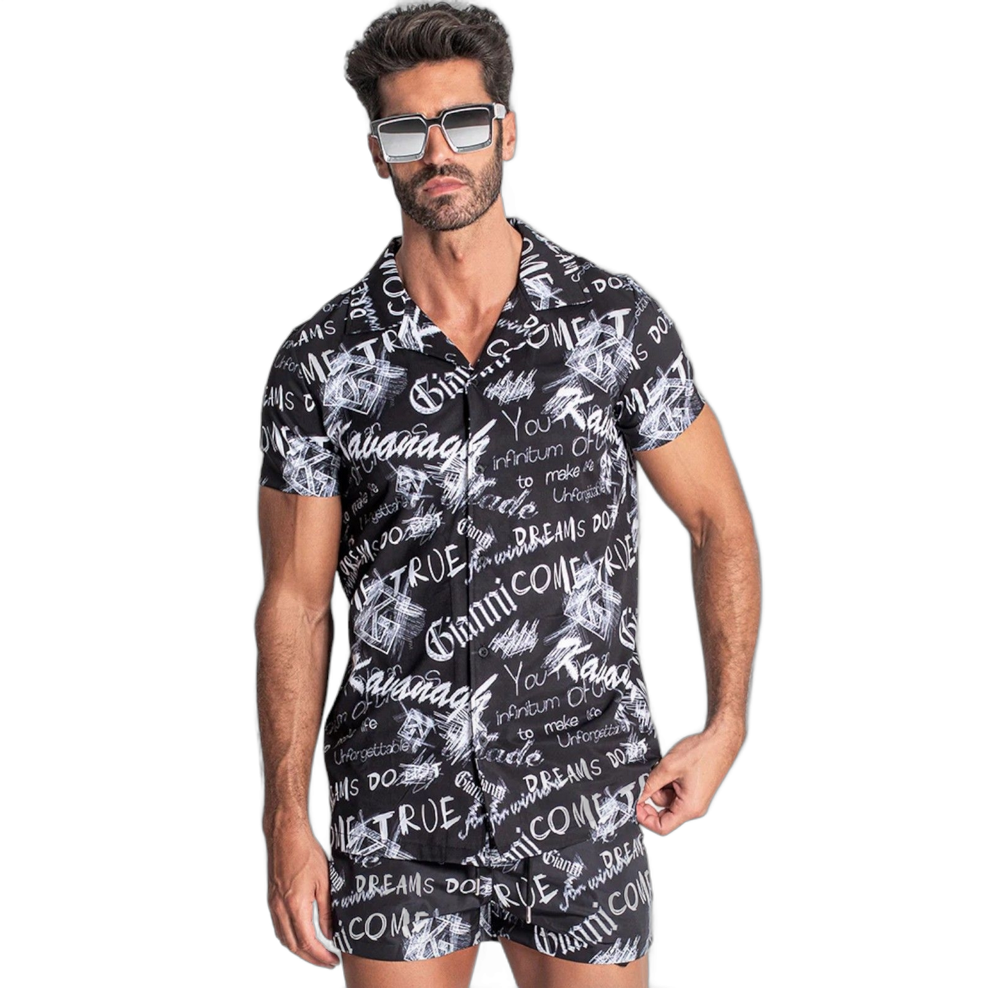 Camisa Gianni Kavanagh Hawaiana Sketch Negro