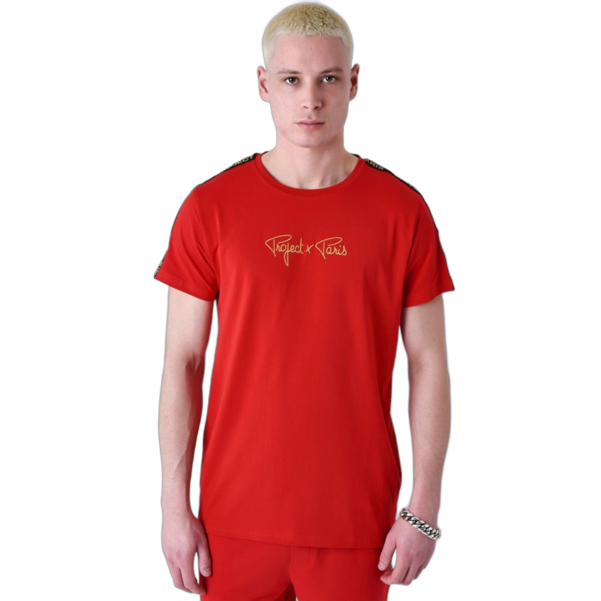 Camiseta Project X Paris Clasica con Rayas Hombro Rojo