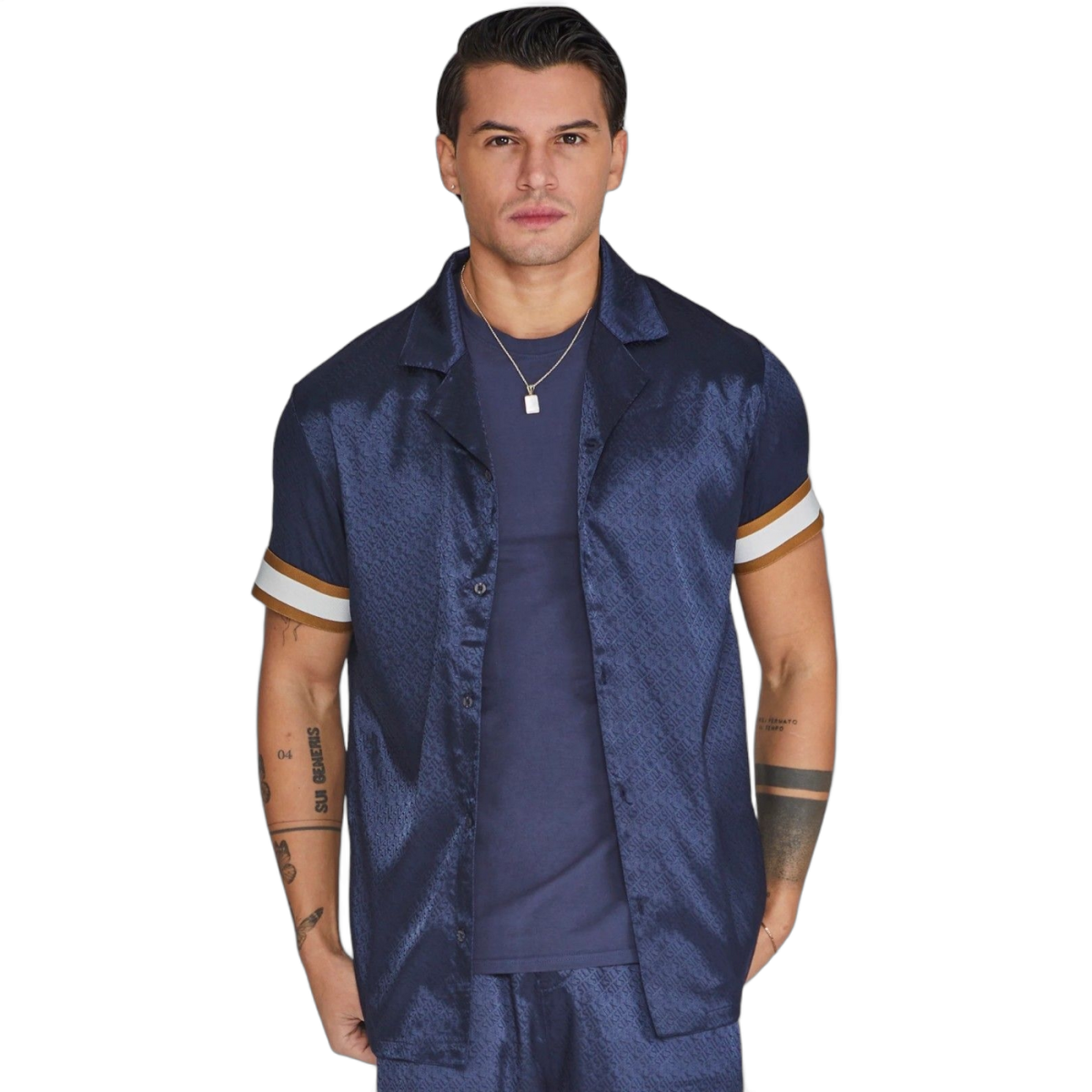 Camisa SikSilk con Franja en Manga Azul Marino